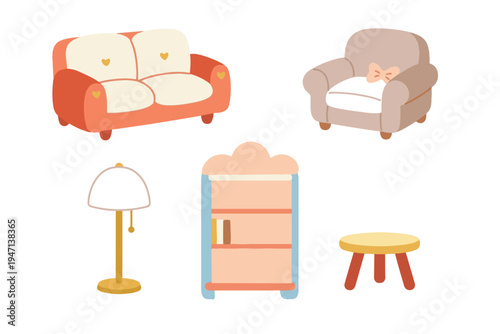 Modern living room furniture set with sofa armchair bookshelf and lamp flat vector