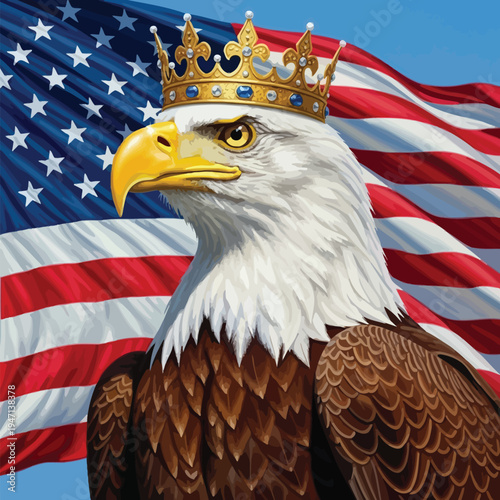 Regal bald eagle wearing a golden crown, set against the american flag, symbolizing presidential power, united states