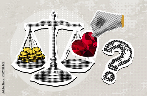 Modern halftone collage. Balancing Work and Family concept. Choosing between love and money as a metaphor in relationships. Collage with hands with money and heart