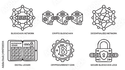 A collection of six black and white vector icons illustrating essential concepts within blockchain technology including networks ledgers coins and digital security
