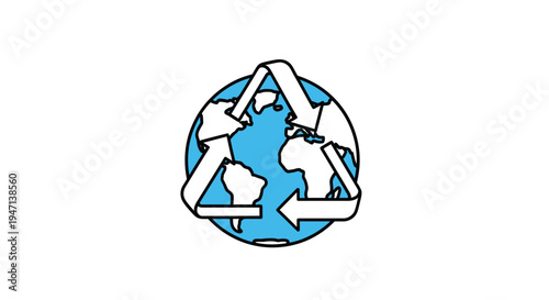 A blue and white globe with recycling symbols forming a circle, conveying eco-friendly practices on a clean white background with a graphic and symbolic style.