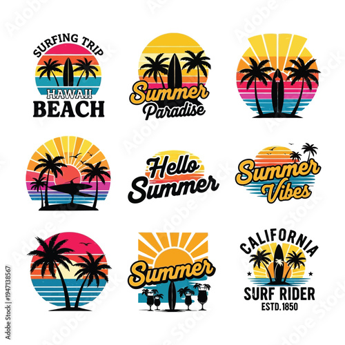 Summer vibes retro sunset graphic collection with palm trees and surfboards with summer graphics with retro design with sunset illustration with beach theme