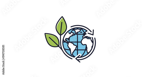 A simple line drawing of a stylized globe with leaves and arrows on a white background, symbolizing environmental conservation and sustainability.
