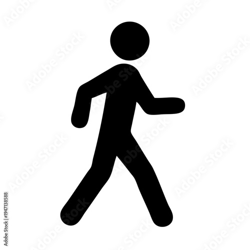 A black silhouette of a person walking briskly with their right arm extended backward.