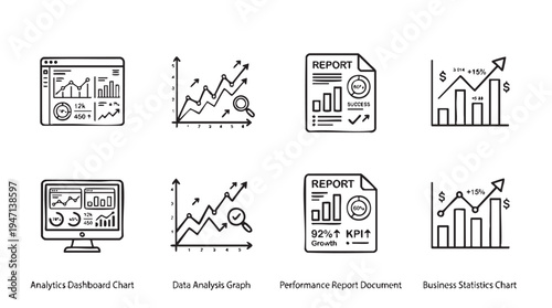 Business data analysis icons in line style for finance and statistics on white background