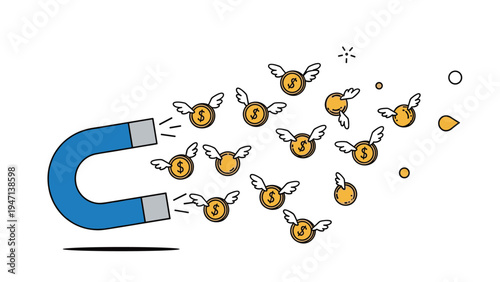 Large blue horseshoe magnet attracting several gold coins with wings, symbolizing wealth generation and investment.