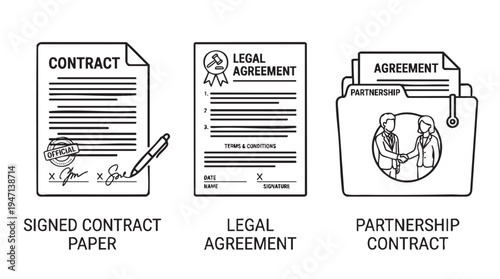 Set of contract documents in line drawing style with black and white color scheme in flat lay format for business and legal use