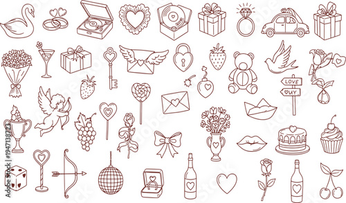 Hand-drawn romantic wedding and Valentine's Day elements, including hearts, gifts, flowers, and love symbols for creative design projects, hand-drawn vector illustration doodle art