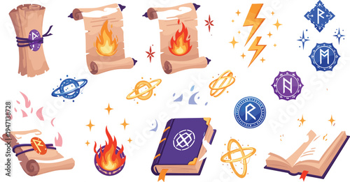 Magic spell book and ancient scroll collection with runes, fire symbols, mystical manuscripts and enchanted fantasy elements vector illustration set
