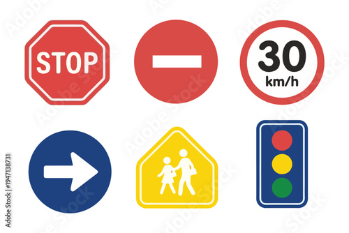 Essential traffic road signs and street signals collection flat vector illustration