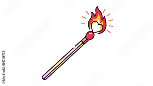 Lit wooden matchstick with the glowing flame forming the shape of a heart, representing passion, love, or warm feelings.