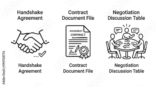 Business negotiation discussion table with handshake agreement and contract document file in line style for business