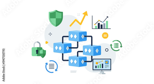 Secure Blockchain Network Diagram. Distributed Ledger Technology (DLT) with Data Security, Financial Analysis, and Synchronization Illustration.