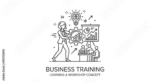 Business training learning workshop concept in minimalist line art with lightbulb moment in bright white and black colors for corporate education