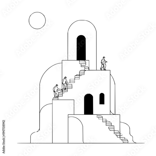 Minimalist line art illustration depicting a surreal abstract architectural structure with cascading stairs and arched doorways featuring three small figures ascending