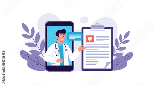 Online healthcare service concept with a doctor on a smartphone screen showing a medical report and heart health information.