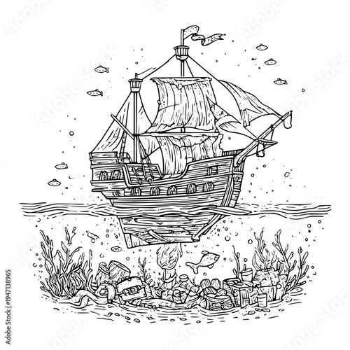 Vintage wooden pirate galleon sailing above sunken treasure chests and coral reefs exploring underwater world with marine life and debris in a detailed black and white line art