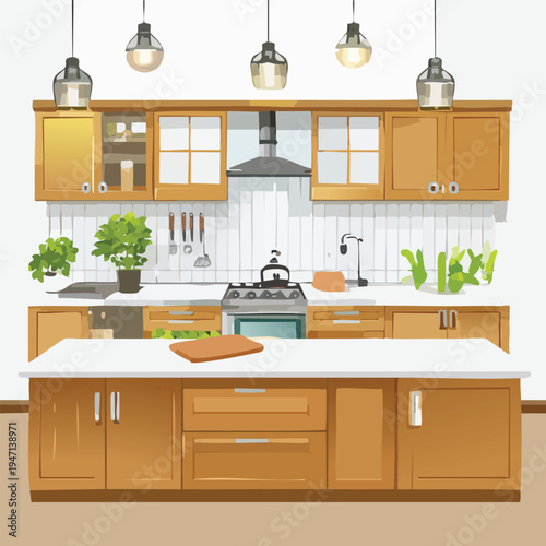 Modern kitchen interior design with cabinets appliances and greenery