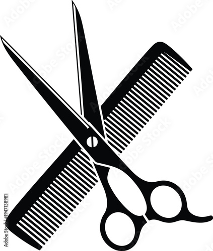 Professional barber shop vector icon featuring black silhouette of hair cutting scissors and comb isolated on white background for salon signage.