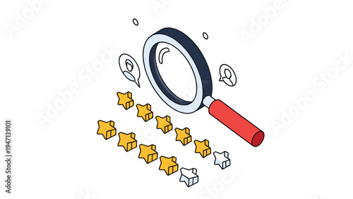 Magnifying glass focuses on customer feedback stars and user icons representing quality control and review analysis processes.