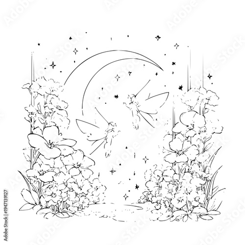 Enchanting moonlit garden scene with delicate fairies flitting amongst lush blooming flowers and twinkling stars evoking a whimsical and magical atmosphere for fantasy