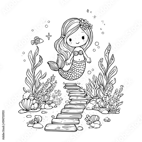 Charming cartoon mermaid with flowing hair adorned with flowers swimming joyfully above a stone pathway leading through a vibrant underwater kelp forest filled with seashells