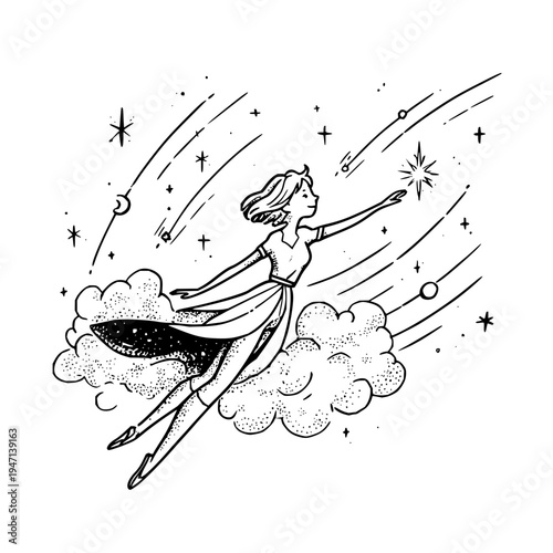 Whimsical black and white illustration of a joyful young woman gracefully floating among starry night sky clouds reaching out to touch a bright shooting star symbolizing dreams