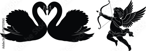 Romantic silhouette of two swans forming heart with Cupid aiming bow for Valentines day wedding love symbol engagement anniversary card