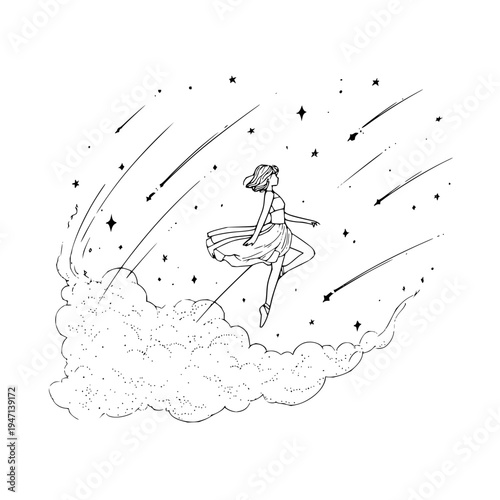 Graceful ballerina in ethereal white dress dances joyfully on a fluffy cloud amidst a starry night sky with shooting stars conveying dreams fantasy and celestial wonder
