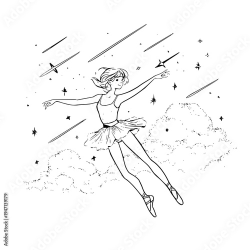 Whimsical black and white line art illustration of a graceful young female ballet dancer in a tutu and pointe shoes suspended mid air amidst swirling clouds and a starry night sky