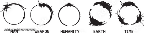 Abstract Ink Splatter Circle Vector Illustration Set with Conceptual Symbols for Man Weapon Humanity Earth and Time Minimalist Zen Heptapod Style Logogram Graphics for Creative Design Projects.