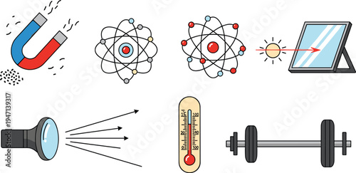 Physics Science Icons with Magnet Atomic Structure Solar Panel Flashlight Thermometer and Barbell, Energy and Scientific Concepts Vector Illustration Set