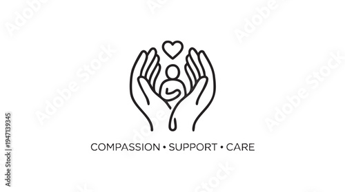 Line drawing of hands holding a person with a heart above for healthcare and charity in minimalist black and white illustration for medical or non-profit organization