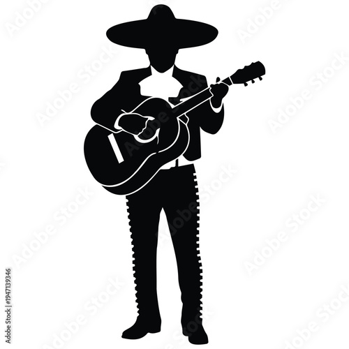 Mariachi musician playing guitar vector illustration wearing traditional mexican sombrero and outfit