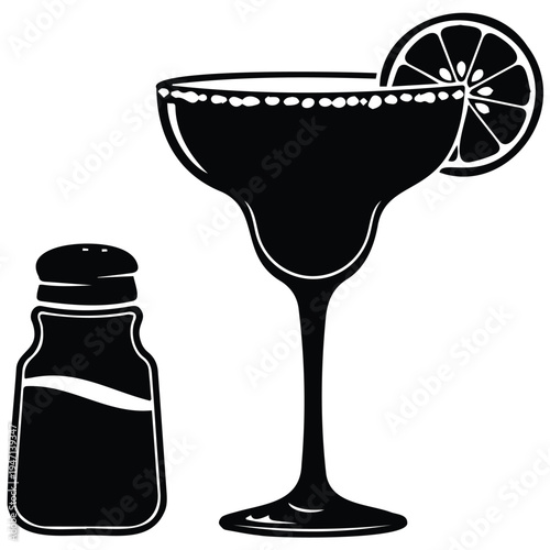 Margarita glass with lime slice and salt shaker vector illustration on white background