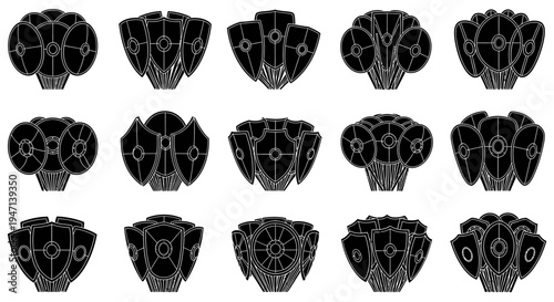 Set of abstract black and white mechanical fan designs with intricate details on white background