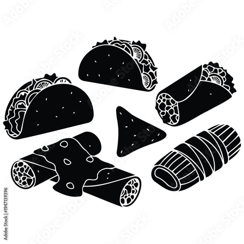 Mexican food collection vector illustration featuring tacos burritos enchiladas and nacho chip icons