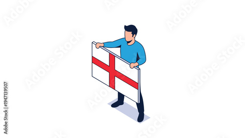 Man holding the national flag of England in an isometric illustration style for celebrating national holidays and sporting events.