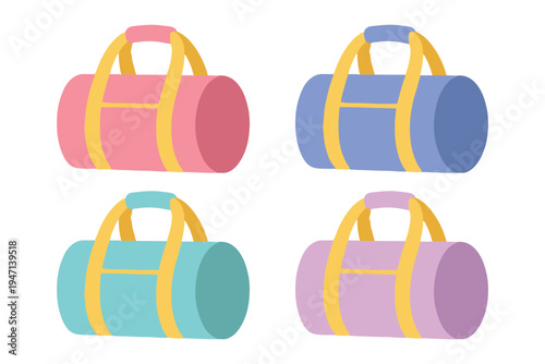 Colorful sport duffel bags set for gym and travel flat vector illustration