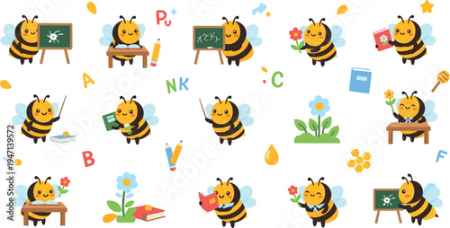 Set of kawaii school bee vector illustrations featuring cute honeybee characters with chalkboards books and pencils for preschool education and nursery themed stationery design