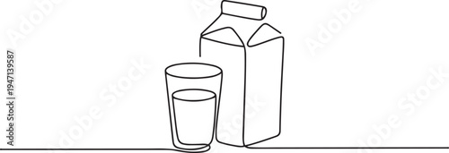 continuous single drawn one line a glass of milk and a milk package drawn from the hand a picture of the silhouette. line art. one line Icon drawing