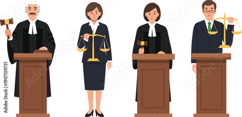 Judges in Courtroom with Gavel, Scales of Justice, and Legal Symbols for Law and Justice Illustrations