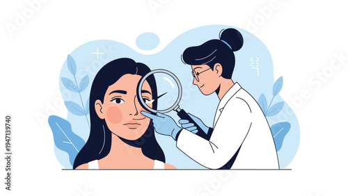 Female doctor uses a magnifying glass to examine a female patient skin on her face for a dermatology consultation in a medical clinic.
