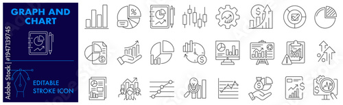 Graph and Chart Icon Set. Pie Chart, Graph, Business, Dashboard, Analysis, Chart File, Performance. Editable Stroke Icon