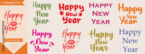 Happy new year set collection different happy new year typographic designs and lettering in various styles, isolated on Elegant happy new year script calligraphy vector bundle set.