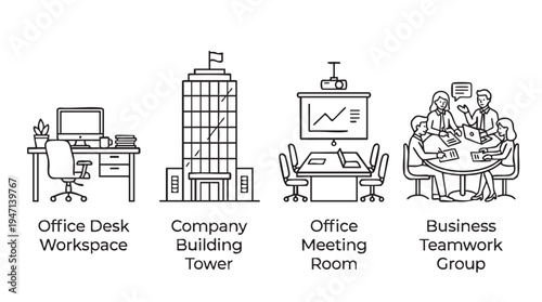 Minimalist black and white vector illustrations showcasing essential office environments including desk setups, corporate towers, meeting rooms, and team collaboration concepts.