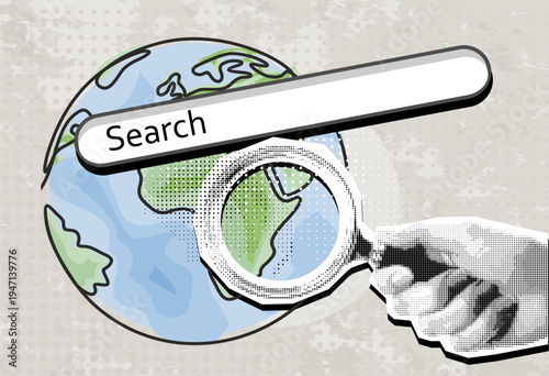 Globe, Human hand with magnifying glass in dotted pop art style. Retro halftone search bar with collage. Vector illustration for mixed media design.