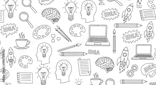 Creative business brainstorming and innovation symbols featuring light bulbs brains rockets and laptops in a hand drawn vector illustration doodle art