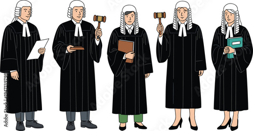 Judges in Robes with Gavel, Legal Documents, and Court Tools for Law, Justice, and Courtroom Illustrations