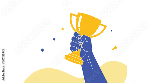 Blue hand triumphantly holding a golden trophy cup against a white background for success and achievement concepts.